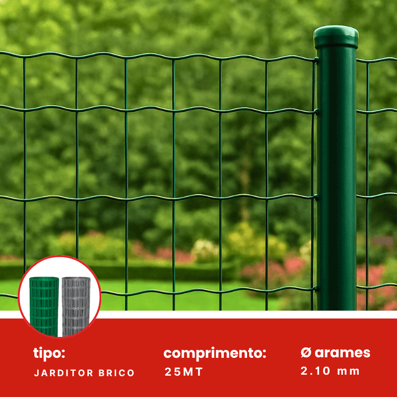 Rede Jarditor Brico em arame galvanizado plastificado de 2,10 mm, ideal para vedações residenciais e jardins.