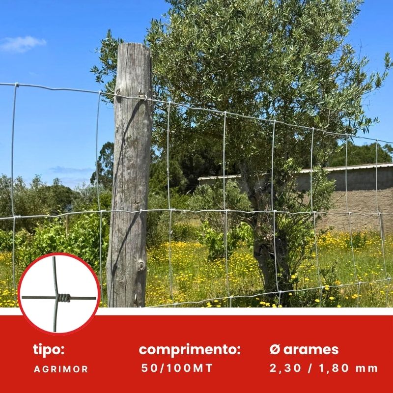 Rede ovelheira Agrimor galvanizada instalada em poste de madeira